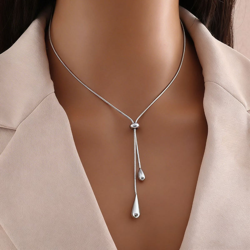 Teardrop Lariat Necklace & Huggie Drop Earring, 18K Gold Silver Minimal Water Drop