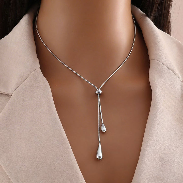 Teardrop Lariat Necklace & Huggie Drop Earring, 18K Gold Silver Minimal Water Drop
