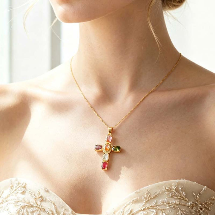Colorful Gem Cross Pendant Necklace, Ideal for Birthday &amp; Christmas Gift for Women
