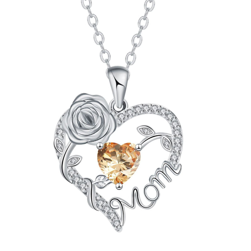 Mom Rose Heart Diamond Pendant Necklace, Hollow Open Heart Floral Jewelry Gift For Mother’s Day Birthday