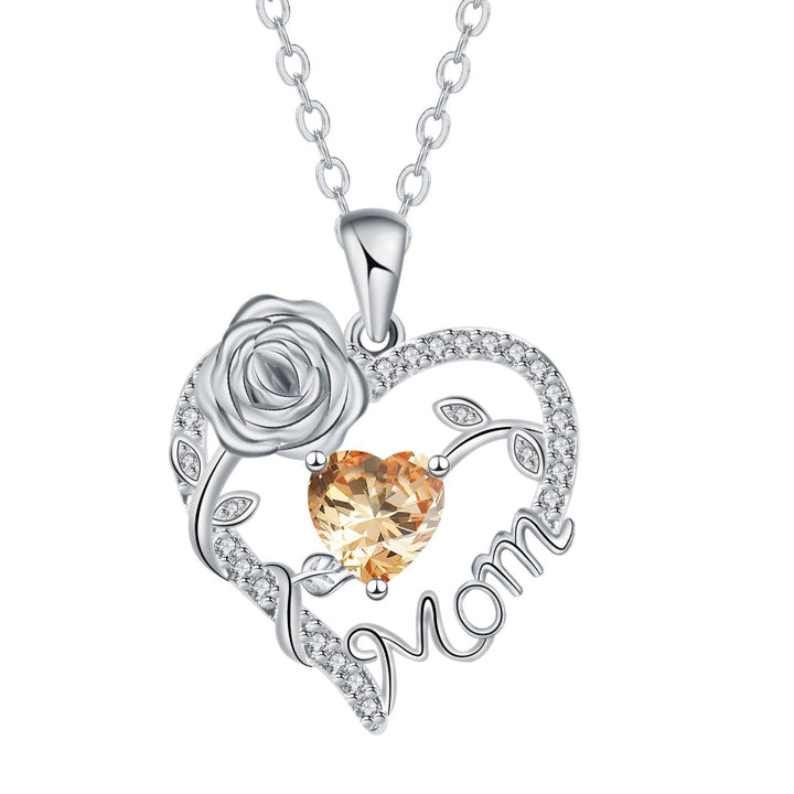 Mom Rose Heart Diamond Pendant Necklace, Hollow Open Heart Floral Jewelry Gift For Mother’s Day Birthday