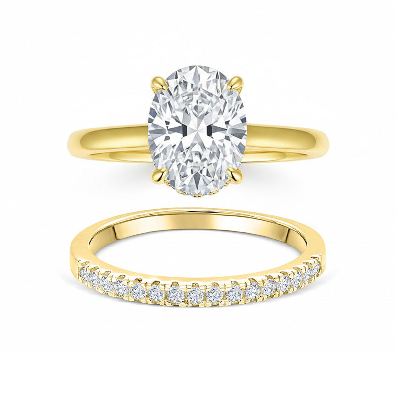 Oval 4-Prong Solitaire Engagement Ring, Pave V-Shaped Wedding Band Bridal Matching Stack Jewelry