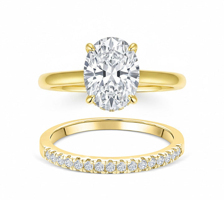 Oval 4-Prong Solitaire Engagement Ring, Pave V-Shaped Wedding Band Bridal Matching Stack Jewelry