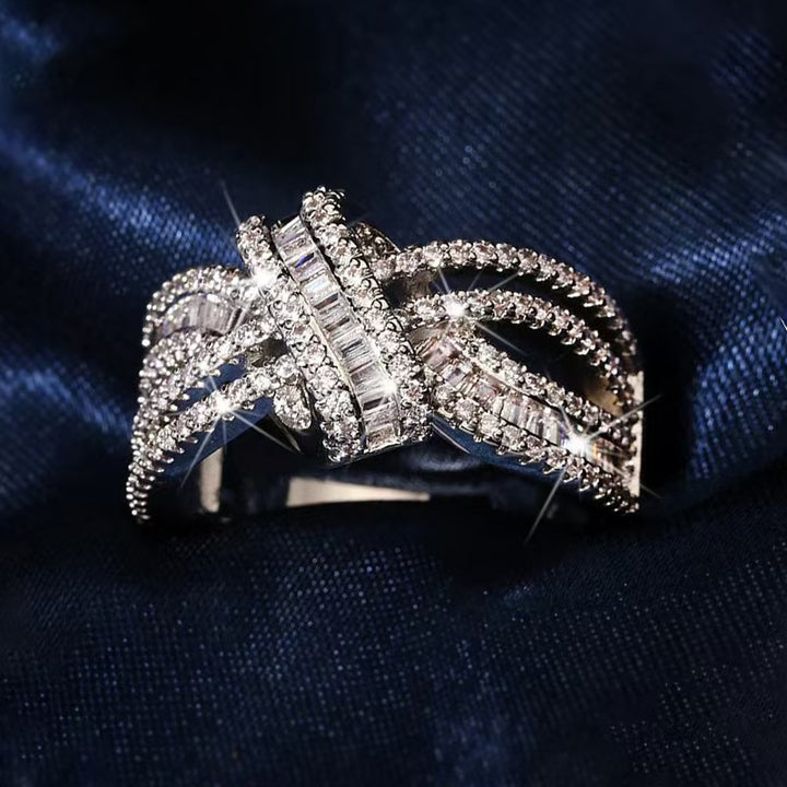 Twisted Knot Paved Diamond Statement Ring, Multi-layer Interwoven Shiny Cocktail Ring