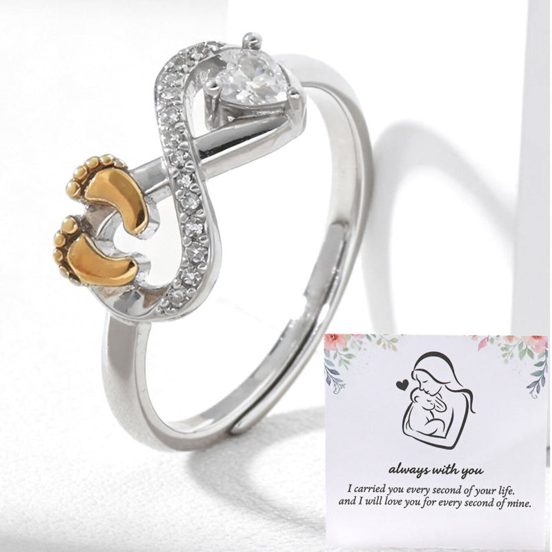 Open Adjustable Mom Baby Footprint Infinity Ring, Heart‑Stone Mother’s Keepsake Ring