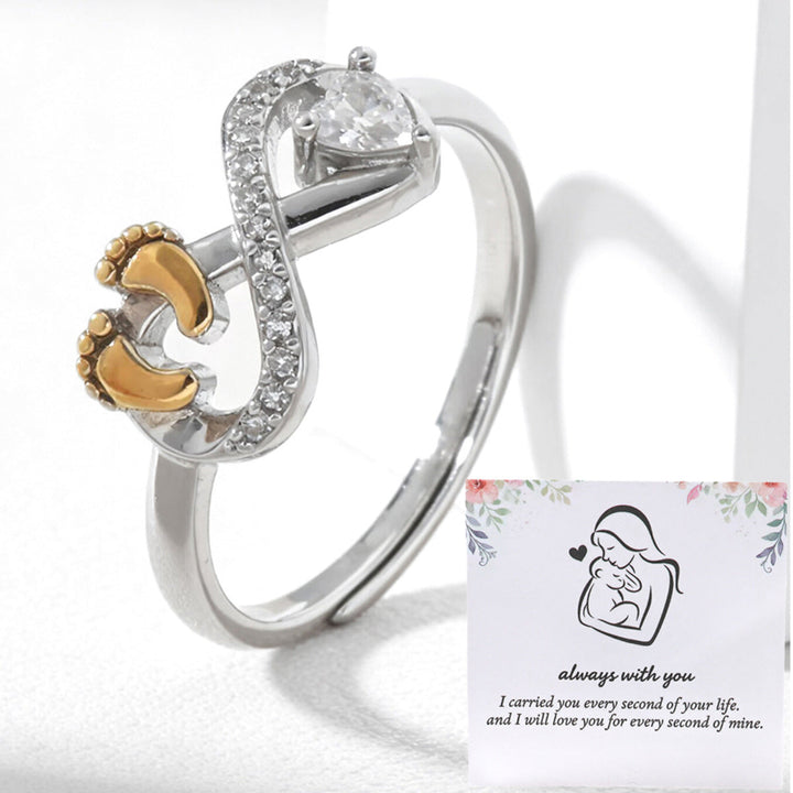 Open Adjustable Mom Baby Footprint Infinity Ring, Heart‑Stone Mother’s Keepsake Ring