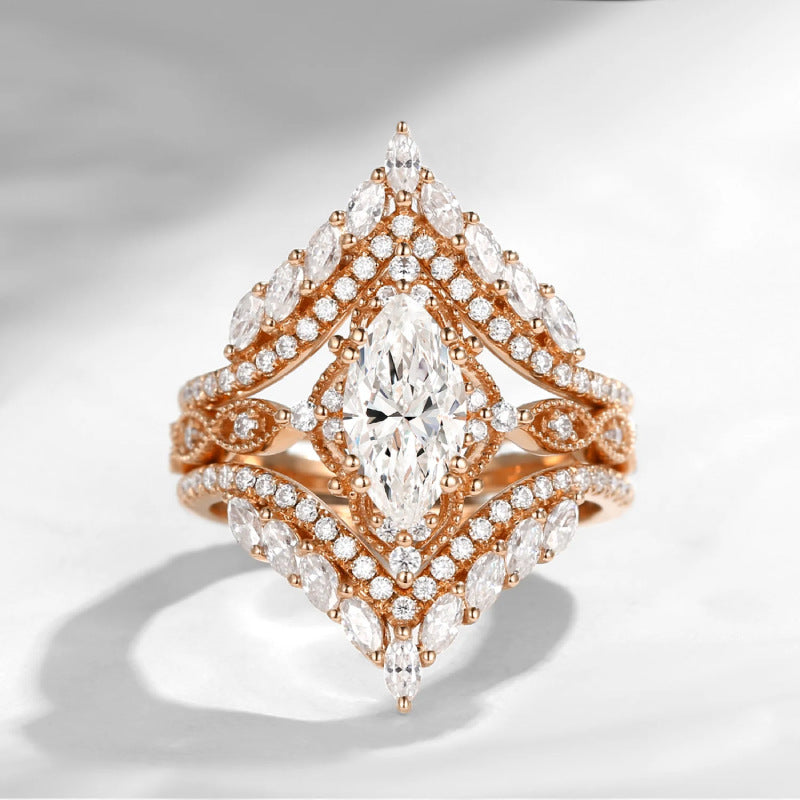 Marquise‑Cut Diamond 3‑Piece Bridal Stacking Ring Set, Vintage-Style Fashion Ring