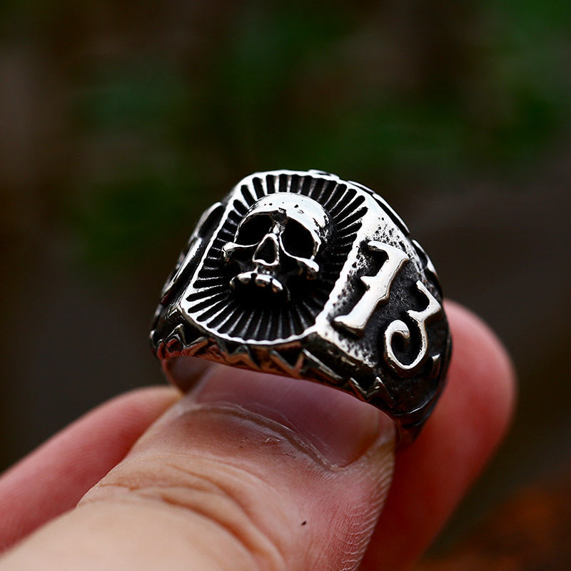 Vintage 3D Skull Signet Ring, Antique Oxidized Symbol‑Engraved Unisex Biker Statement Ring