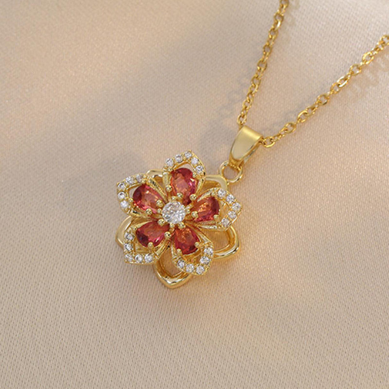 Multi-Color Gem Flower Pendant Necklace, Rotating Floral Diamond Necklace Elegant Women Daily Jewelry