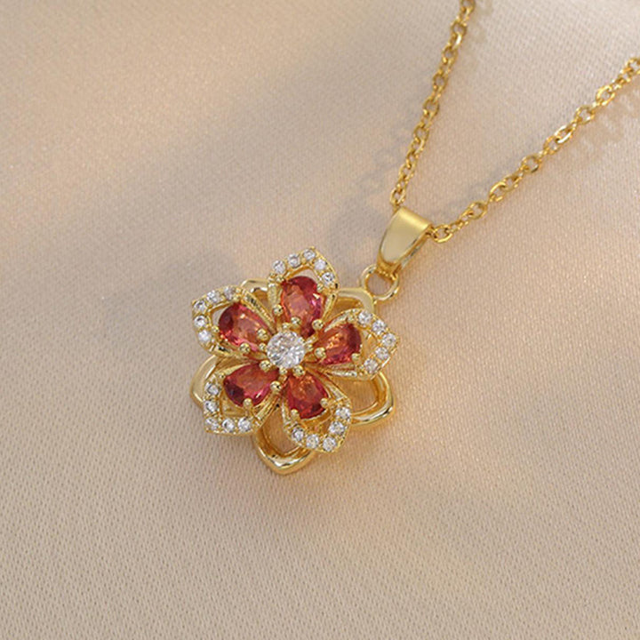 Multi-Color Gem Flower Pendant Necklace, Rotating Floral Diamond Necklace Elegant Women Daily Jewelry