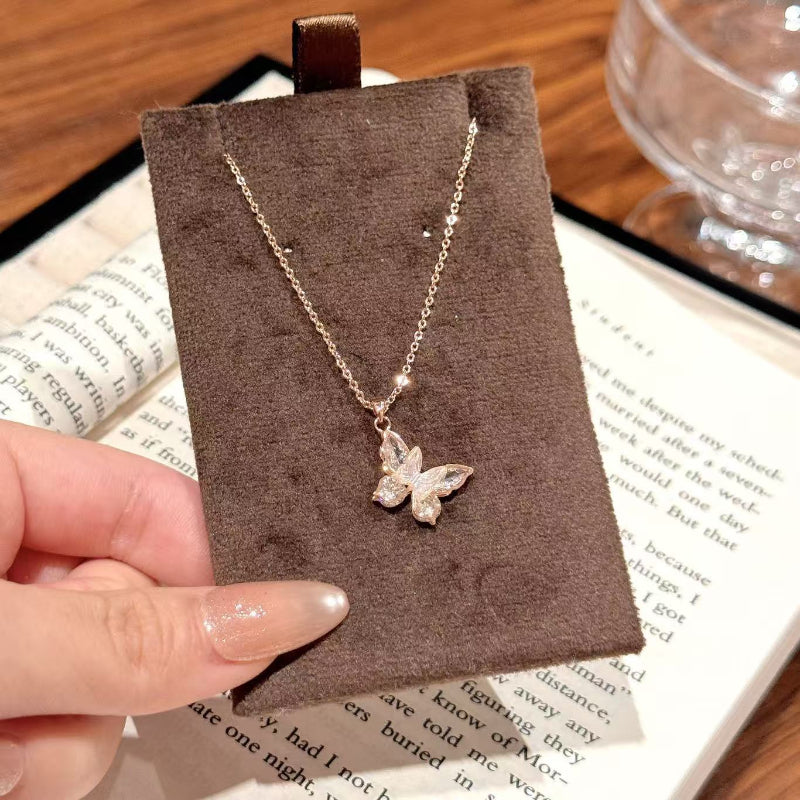 Dainty Iridescent Diamond Butterfly Pendant Necklace, Minimalist Delicate Wing Collarbone Jewelry For Women