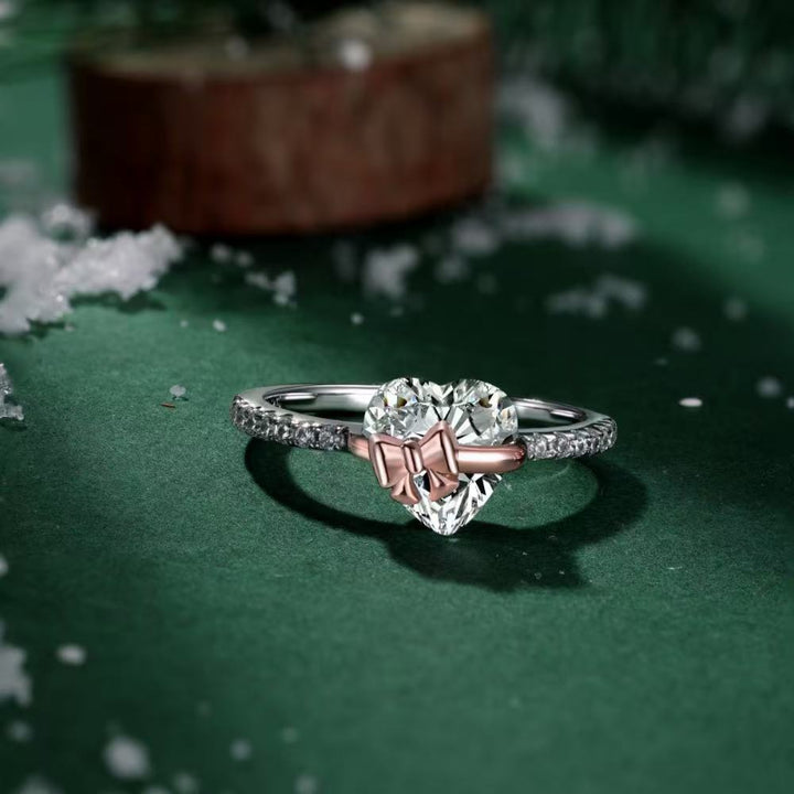 3D Heart Bow Diamond Pave Band Gold Promise Ring, Coquette Romantic Love For Women
