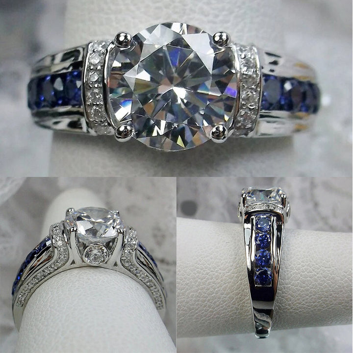 S925 Silver Round‑Cut Diamond Ring With Blue Gem Inlaid Band