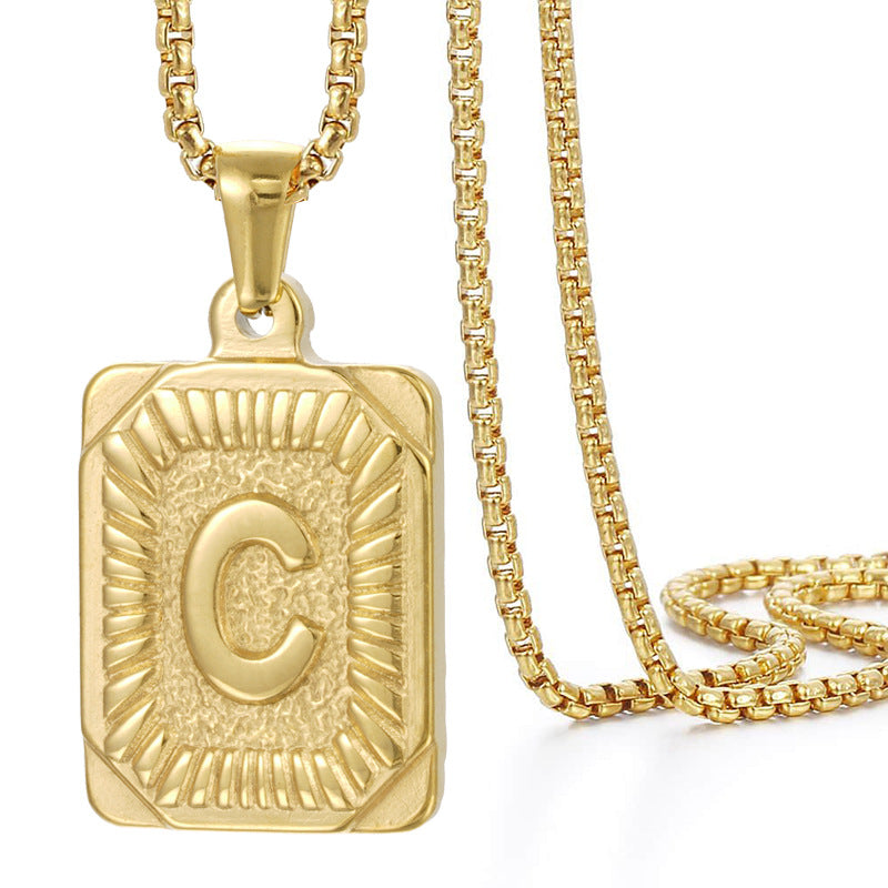 A-Z Vintage Sunburst Initial Tag Pendant Necklace, Personalized Men Women Hip Hop Stackable Statement Jewelry