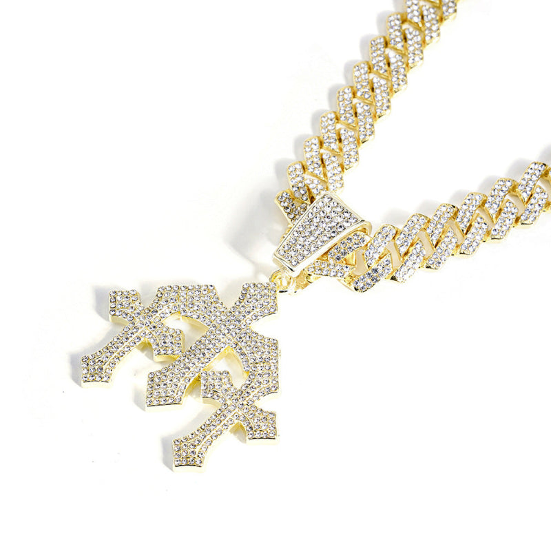 Iced Out Cross Pendant Necklace, Full Diamond Cuban Chain Hip Hop Statement Jewelry in Gold & Silver Tone