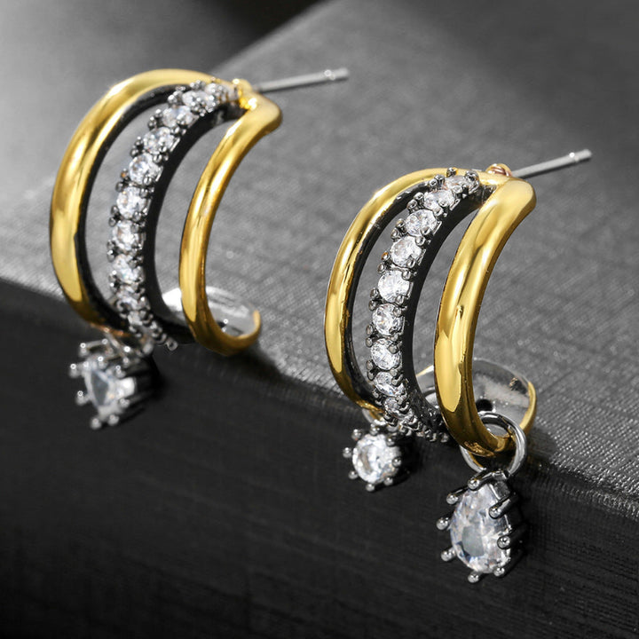 Multi‑Layer Hoop Teardrop Earrings, Two‑Tone Gold Tone With Sparkling Dangling Diamond Charms