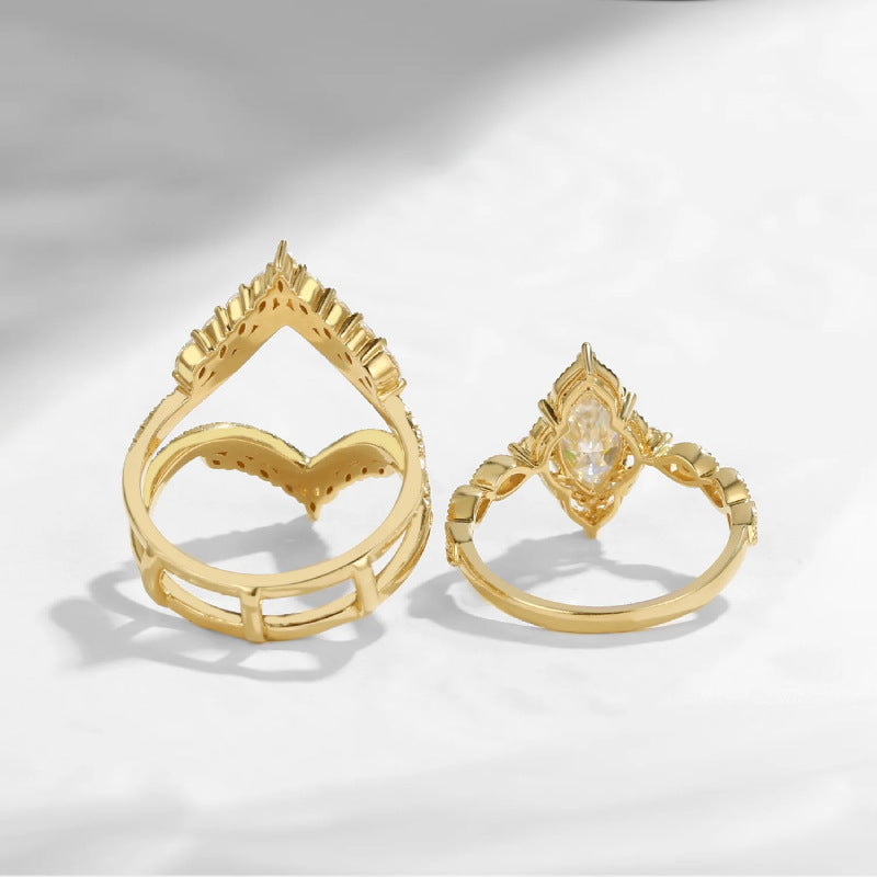 Marquise Diamond Stackable Ring Set, Vintage V-Shaped Elegant Bridal Wedding Rings for Women