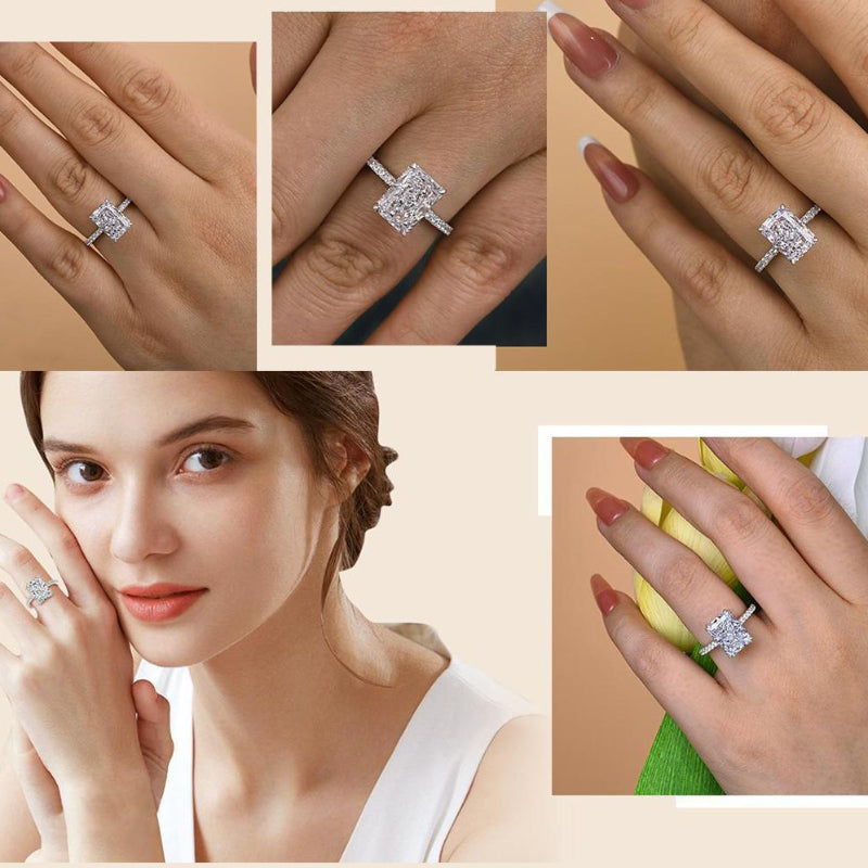 4 Prong Radiant Cut Half Pave Diamond Bridal Stack Ring Set, 2-Tone Gold & Silver Wedding Band Combo