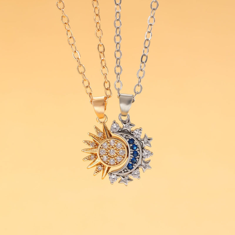 Magnetic Interlocking Sun Moon Star Couple Matching Pendant Necklace, His & Her Split Pair Spiritual Necklace