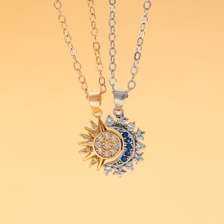 Magnetic Interlocking Sun Moon Star Couple Matching Pendant Necklace, His & Her Split Pair Spiritual Necklace