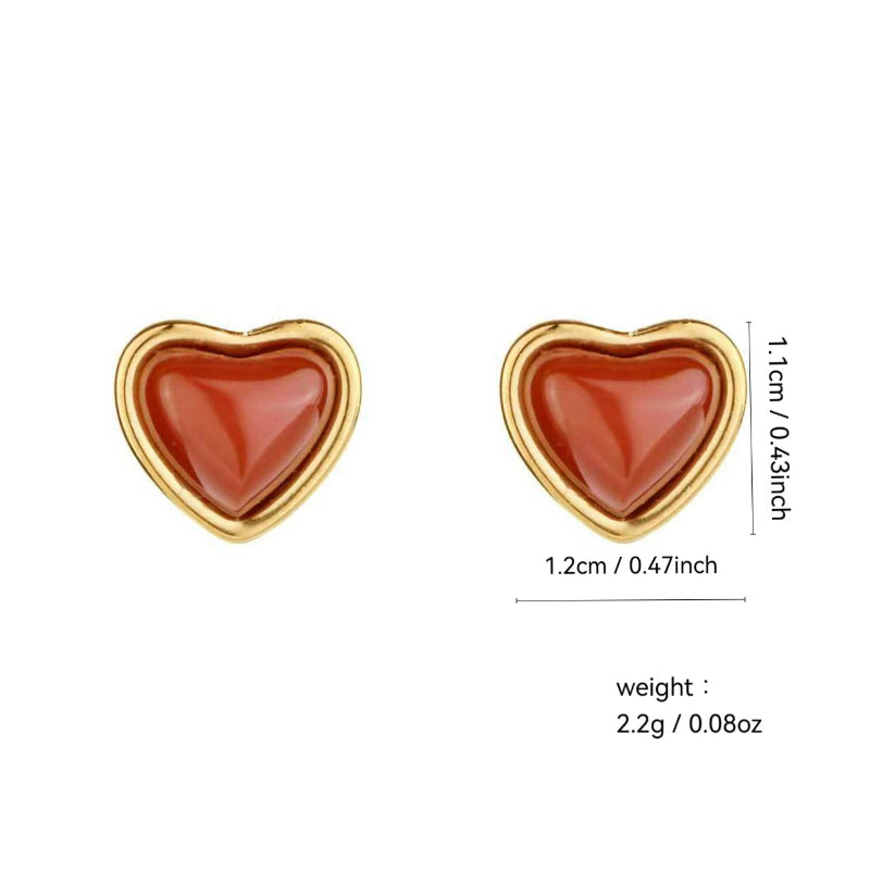 Warm Carnelian Heart Gold Jewelry Set, Dainty Romantic Matching Necklace & Stud Earrings