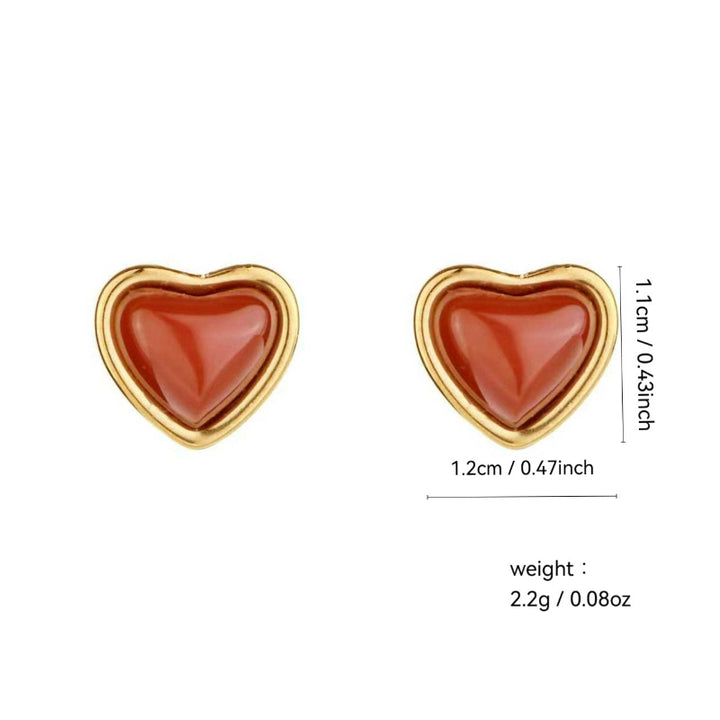 Warm Carnelian Heart Gold Jewelry Set, Dainty Romantic Matching Necklace & Stud Earrings
