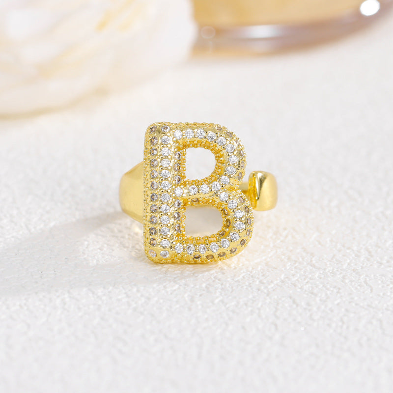 Adjustable Open Iced‑Out Initial Letter Diamond Ring, 26‑Alphabet Statement Unique Style Ring