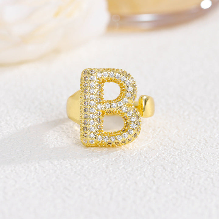 Adjustable Open Iced‑Out Initial Letter Diamond Ring, 26‑Alphabet Statement Unique Style Ring