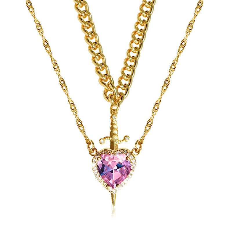 Double Layer Sword Through Heart Gem Necklace, Gothic Halo Gem Stack Pendant Chain