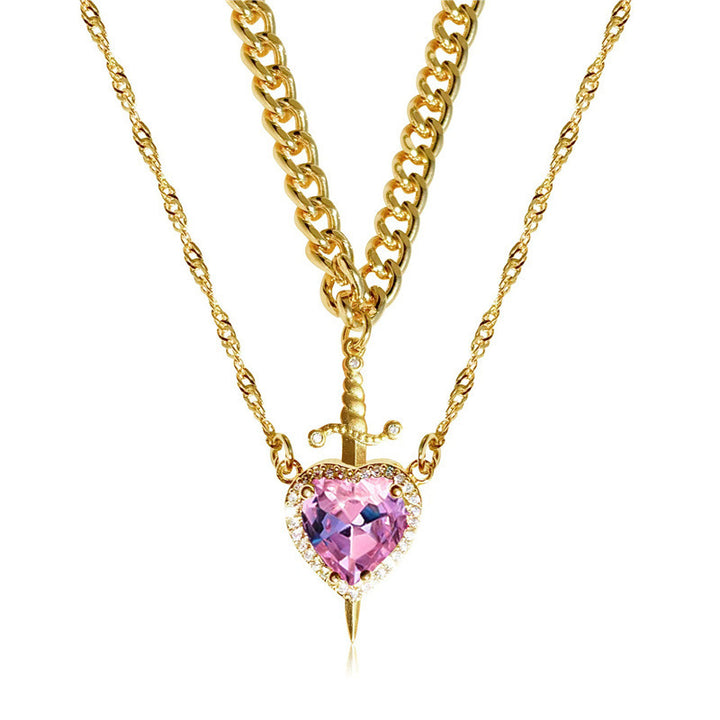 Double Layer Sword Through Heart Gem Necklace, Gothic Halo Gem Stack Pendant Chain