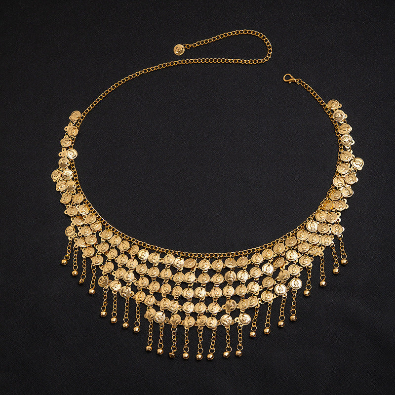 Vintage Coin Tassel Waist Chain, Adjustable Boho Layered Metal Belly Body Chain for Women