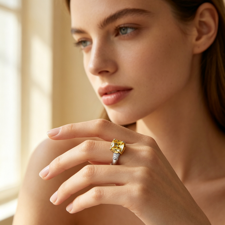 Cushion Yellow Diamond Solitaire Ring, Slim Baguette Accent Minimal Promise Band