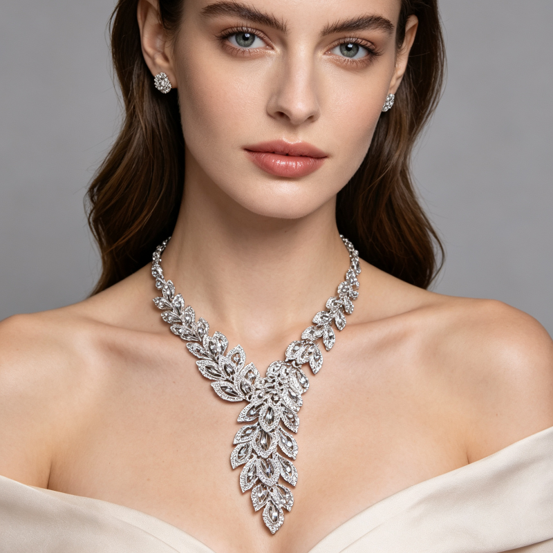 Vintage Leaf Diamond Bridal Jewelry Set, Formal Wedding Statement Accessory Kit