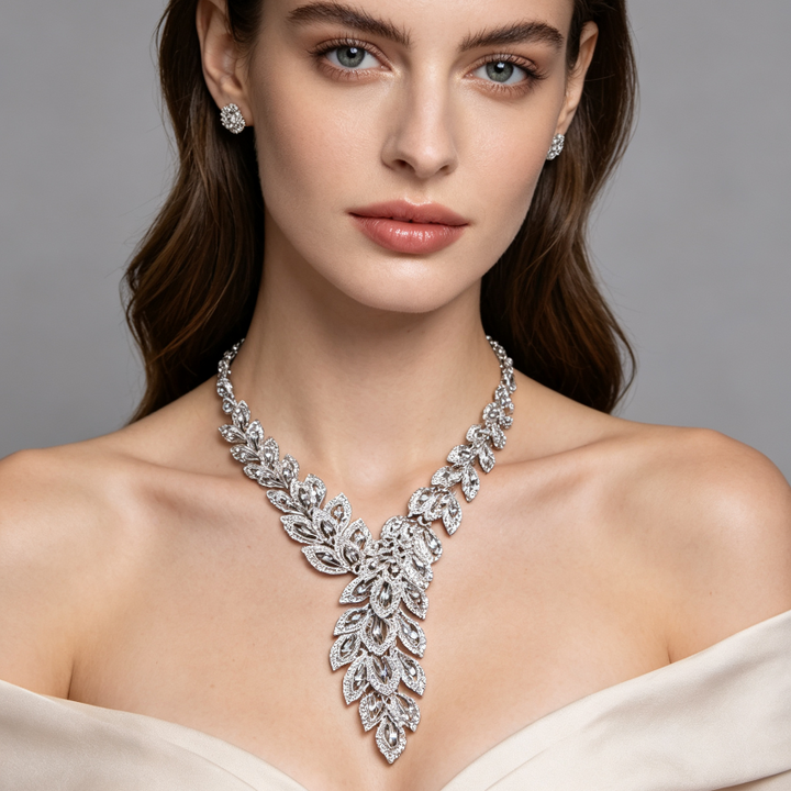 Vintage Leaf Diamond Bridal Jewelry Set, Formal Wedding Statement Accessory Kit