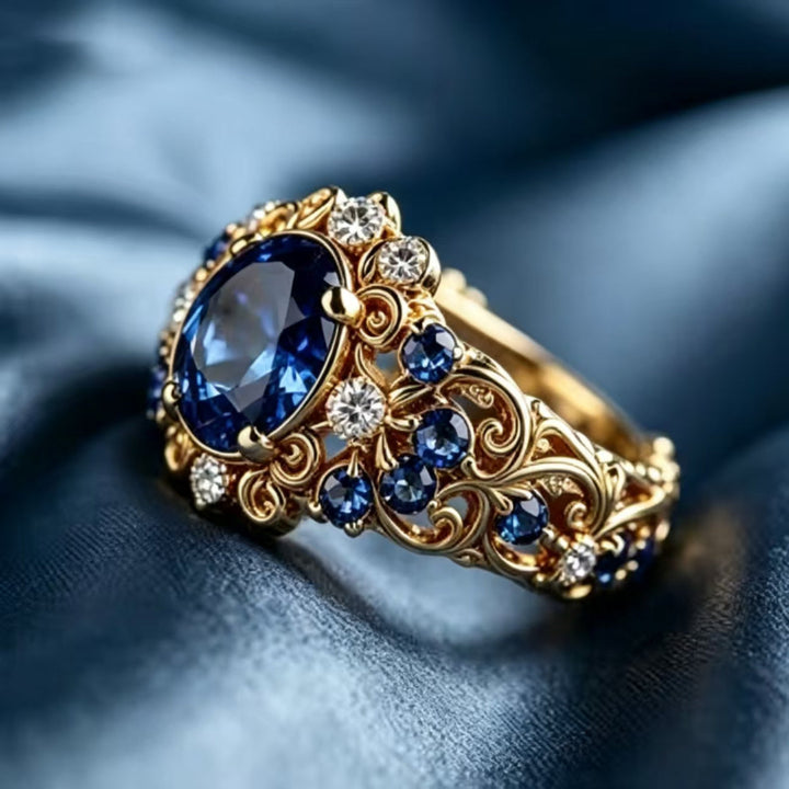 Ornate Royal‑Blue Gem & Diamond Statement Ring, Luxury Floral Pattern Ring with Exquisite Sapphire Inlay