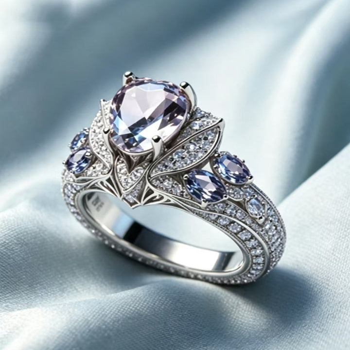 Vintage Ornate Blue‑Tone Diamond Halo Ring, Luxury Women’s Statement Ring