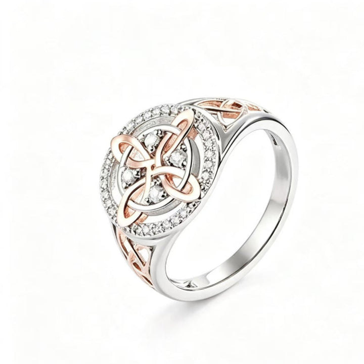 Two‑Tone Celtic Knot Halo Gem Statement Ring, Rose Gold & Silver Hollow Openwork Ring