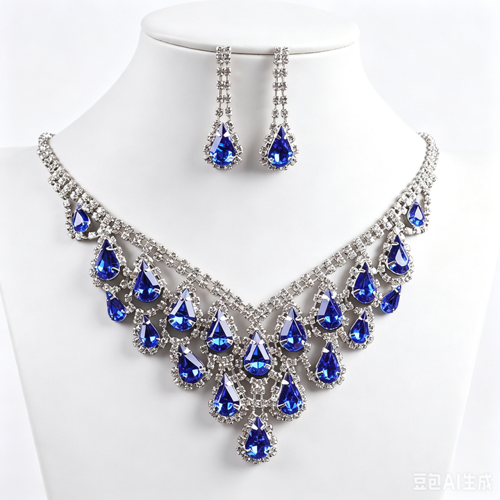 Teardrop Colored Gem Diamond Halo Bib Jewelry Set, Silver Gala Necklace & Drop Earring Kit