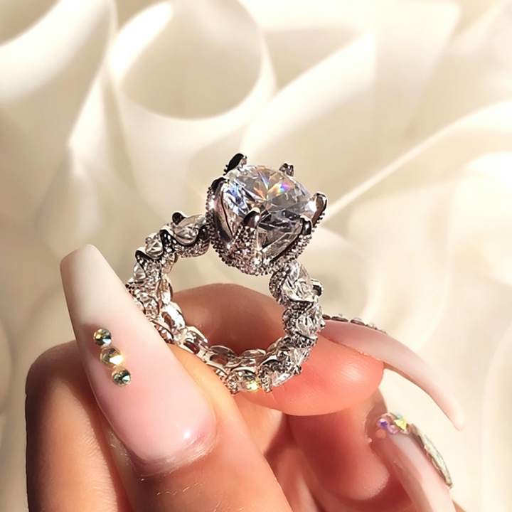 Vintage Filigree Crown Round Diamond Split Shank Engagement Ring, Ornate Marquise Accent Gothic Bridal Statement Ring