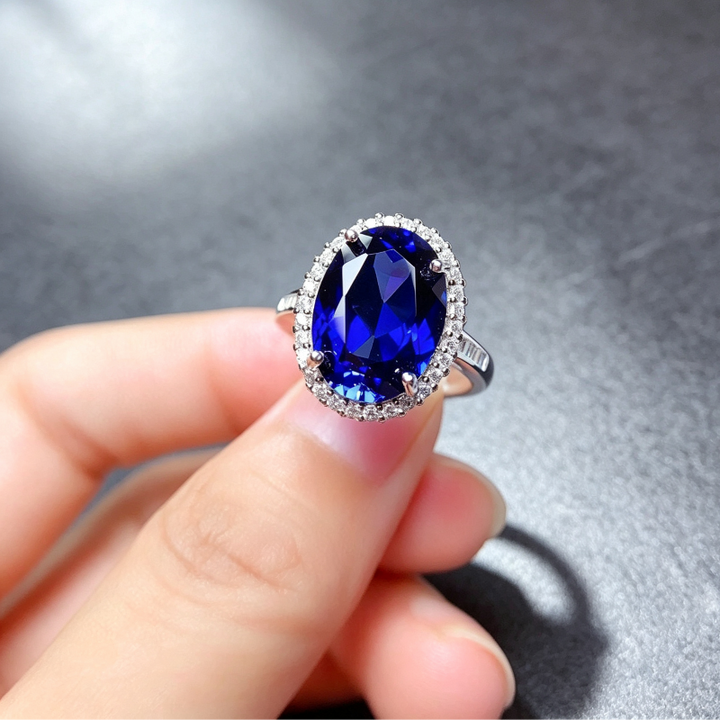 Oval Royal Blue Gemstone Adjustable Open Ring, Sparkling Pave‑Set Diamond Women’s Cocktail Ring