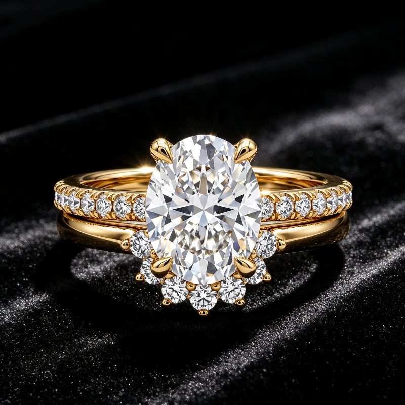 Oval‑Cut Diamond Bridal Ring Set, Halo Accent Engagement &amp; Eternity Band Two‑Piece Ring