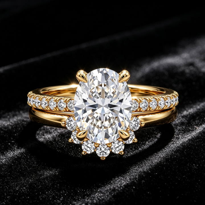 Oval‑Cut Diamond Bridal Ring Set, Halo Accent Engagement &amp; Eternity Band Two‑Piece Ring