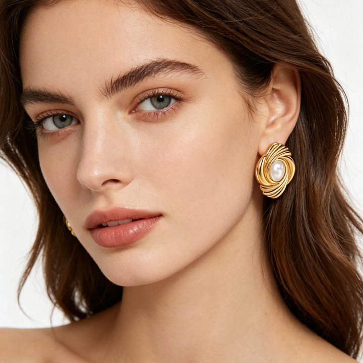 18K Gold Swirl Pearl Stud Earrings, Abstract Twisted Minimalist Earrings