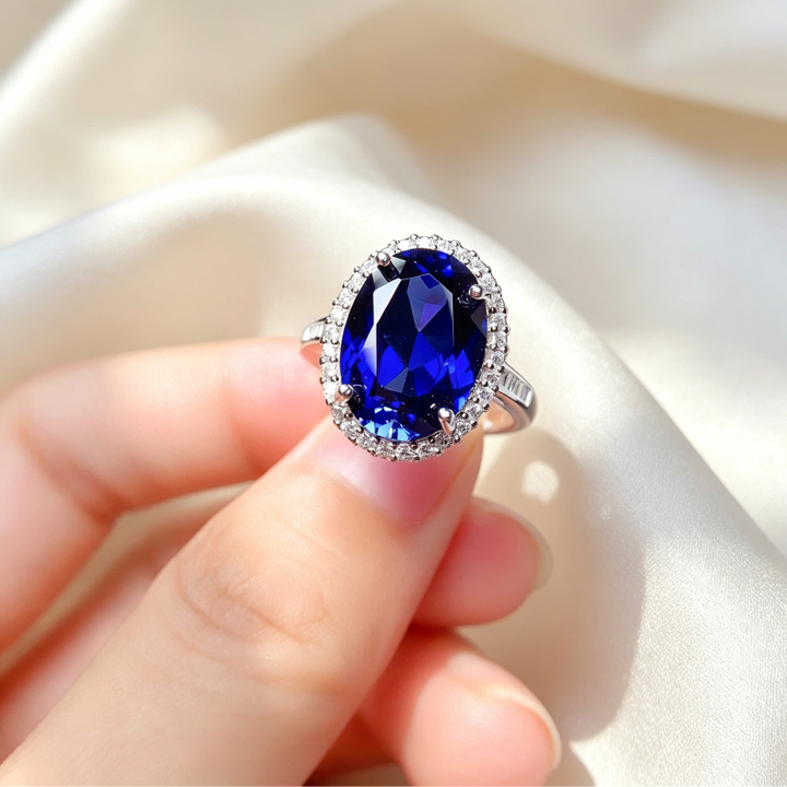 Oval Royal Blue Gemstone Adjustable Open Ring, Sparkling Pave‑Set Diamond Women’s Cocktail Ring