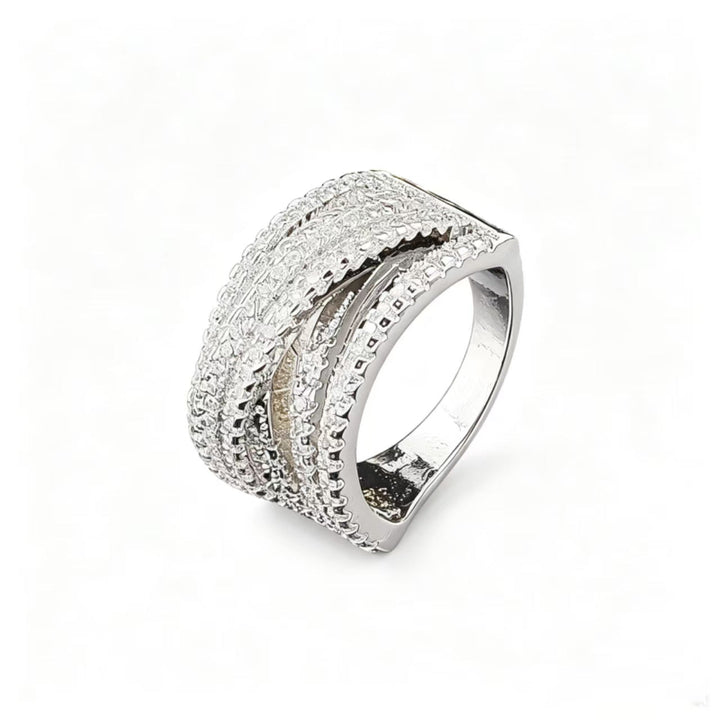 Multi-Layer Pave Curved Wide Band Diamond Statement Ring, Luxury Wavy Split Shank Ring For Women