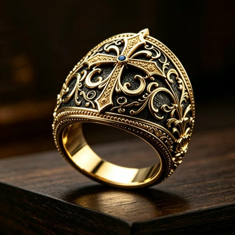 Vintage Engraved Cross Diamond Signet Ring, Gold Tone Men’s Statement Ring