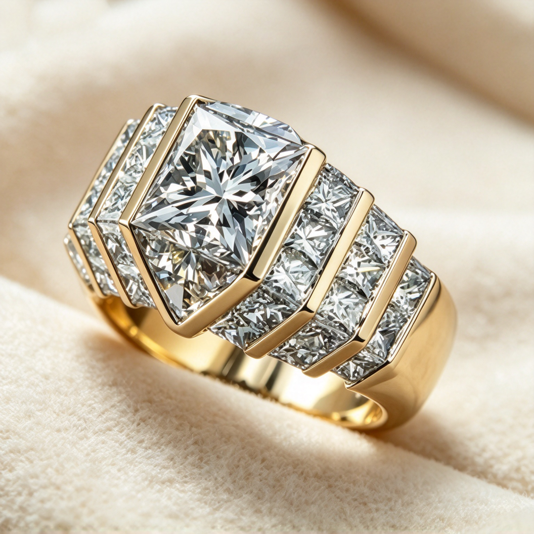 Bold Geometric Cluster Statement Ring, Modern Princess Cut Cocktail Ring for Men and Women