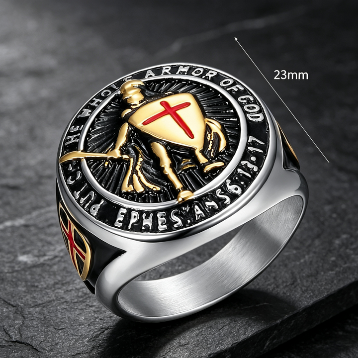 3‑Tone Warrior Cross Shield Religious Statement Ring for Men