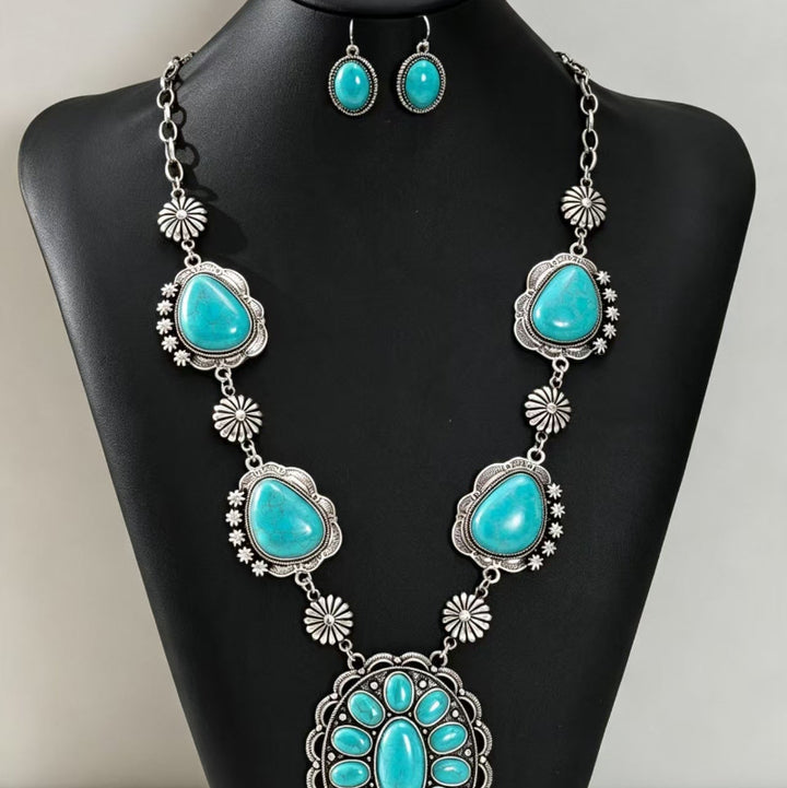 Western Vintage Turquoise Gemstone Jewelry Set, Antique Silver Floral Carved Necklace & Drop Earrings Boho