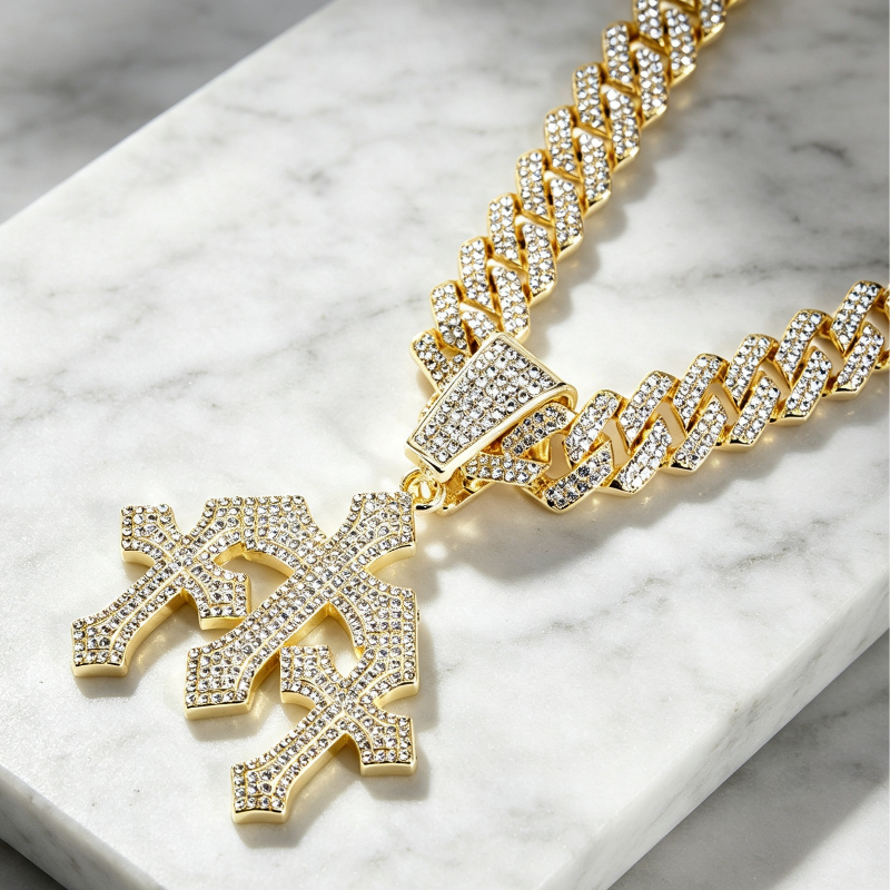 Iced Out Cross Pendant Necklace, Full Diamond Cuban Chain Hip Hop Statement Jewelry in Gold & Silver Tone
